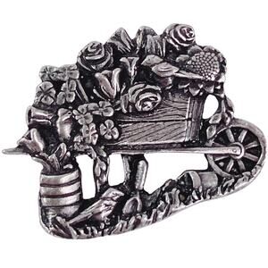 Vintage 2001 Birds & Blooms Pewter Garden Wheelbarrow Floral Brooch Pin